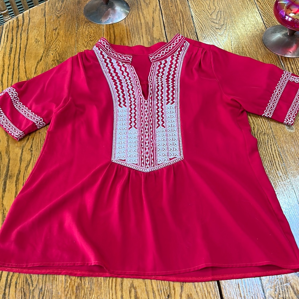 No brand red embroidered tunic, white stitching. Size Large.